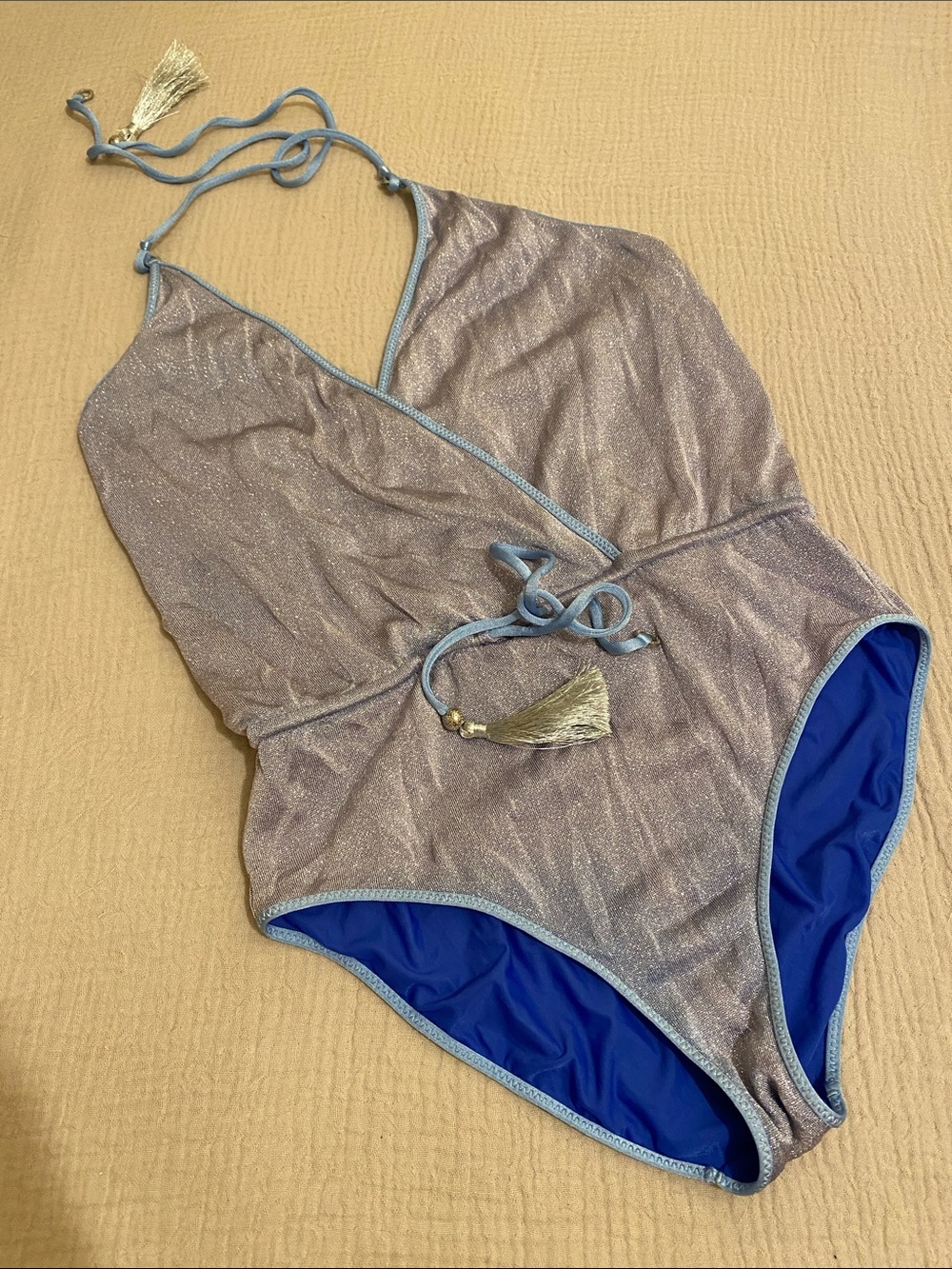 HANNĘ BLOCH Metallic Lavender One-Piece Swimsuit with Tassel Tie. Size M
